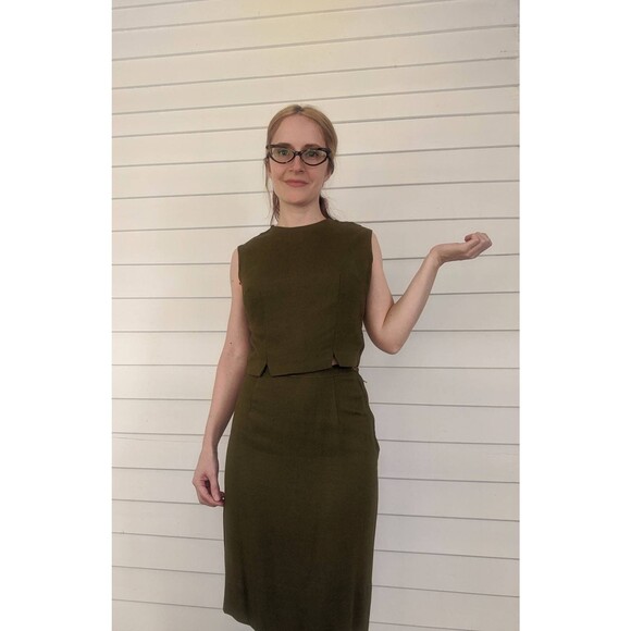 60s Green Linen Skirt Set Short Neutral Embroidered Jacket Vintage XS 34 23 34 - Picture 7 of 10